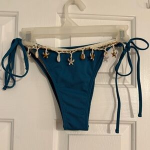 Teal Bikini Bottoms with Shell Accents & Tie Waist -Size L